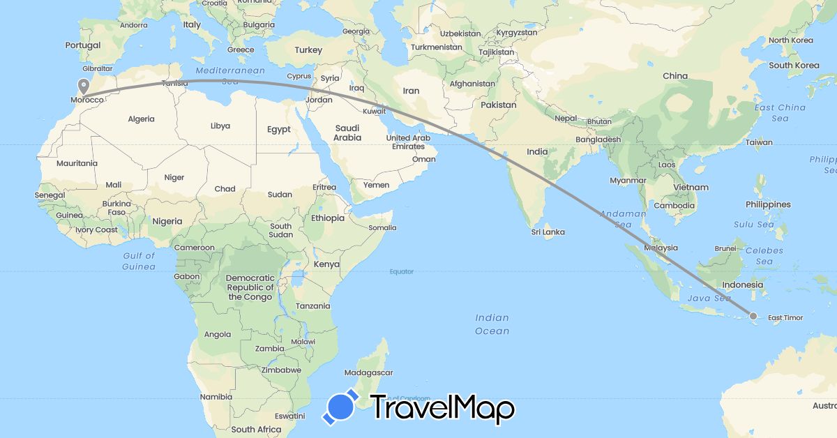 TravelMap itinerary: driving, plane in Indonesia, Morocco (Africa, Asia)